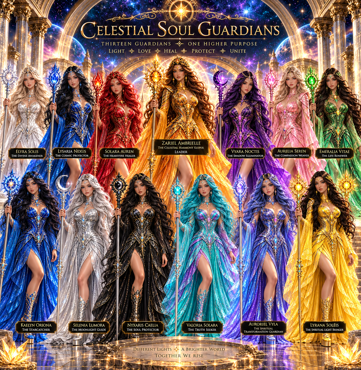 The thirteen Celestial Soul Guardians together